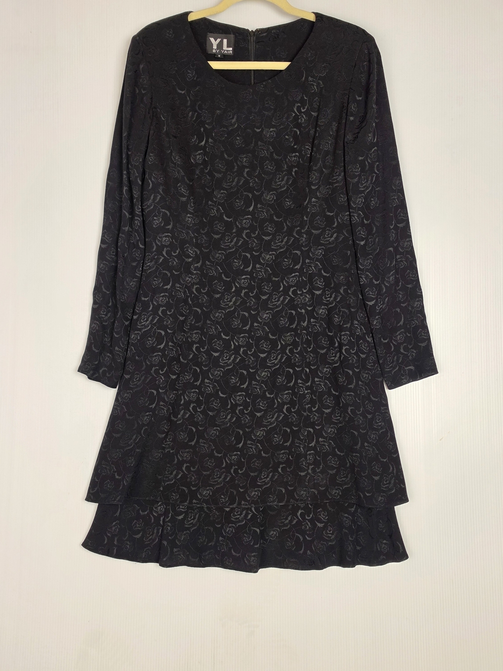 YL by Yair Black Floral Long-Sleeve Tiered A-Line Dress
